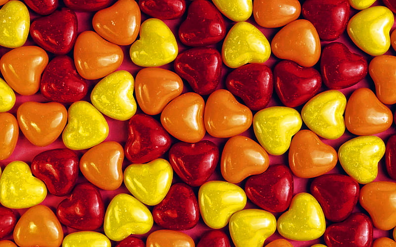 colorful hearts candies, sweets, colorful candy texture, candies, candies textures, macro, colorful backgrounds, love concepts, HD wallpaper