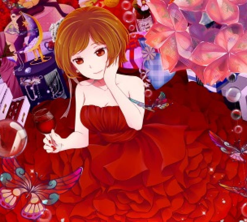 Meiko, red, vocaloid, pretty, dress, girl, flowers, HD wallpaper