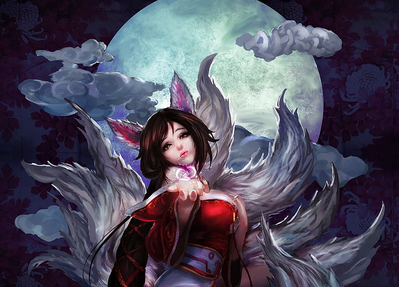 Ahri, red, moon, nine tails, game, league of legends, fantasy, moon, girl, fox, yong hui ng, blue, HD wallpaper