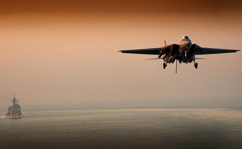 F-14 Tomcat Evening Landing, turbo, usn, fighter, wing, rocket, sand, recon, military, carrier, f14 tomcat, prop, sky, heli, aircraft, water, jet, copter, chopper, HD wallpaper
