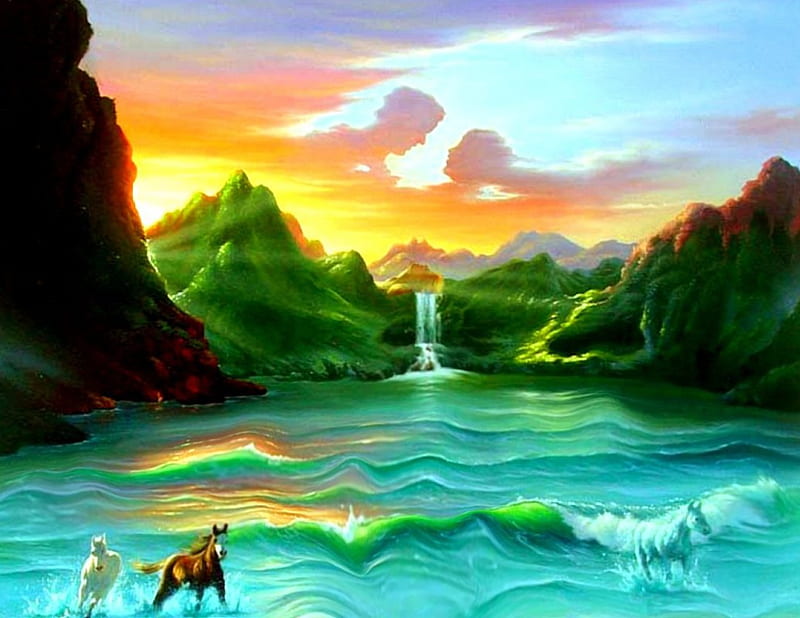 A scene from the stories I read, water, series, horses, HD wallpaper