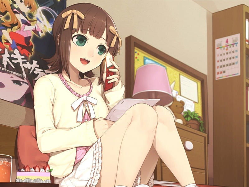 もしもし？, cake, telephone, house, green eyes, bedroom, anime, anime girl,  room, HD wallpaper | Peakpx