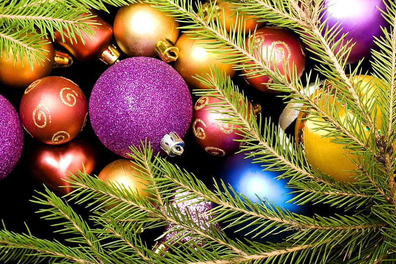 Ornaments, sparkle, Christmas, purple, yellow, HD wallpaper | Peakpx