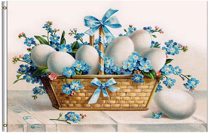 Happy Easter!, basket, flower, easter, white, forget me not, card, vintage,  blue, HD wallpaper | Peakpx