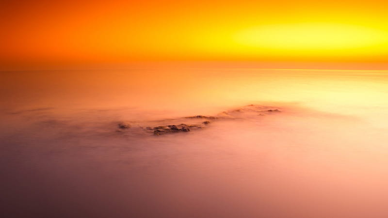 fiery sunset on an misty italian beach, beach, fire, sunset, sky, mist, HD wallpaper