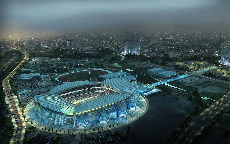 Manchester City Stadium, Etihad Stadium, soccer, aerial view, football stadium, Manchester City FC, english stadium, HD wallpaper