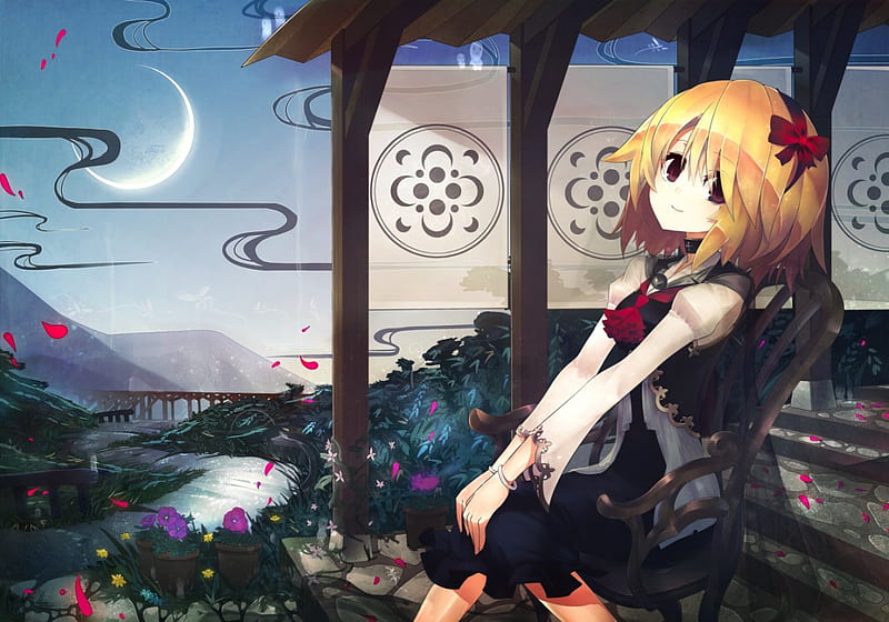 Not to Vition, nic, blond, bonito, magic, floral, sweet, blossom, moon, anime, touhou, flowe, beauty, anime girl, scenery, night, female, lovely, blonde, blonde hair, sky, blond hair, short hair, e pretty, girl, magical, crescent, petals, rumia, scene, HD wallpaper