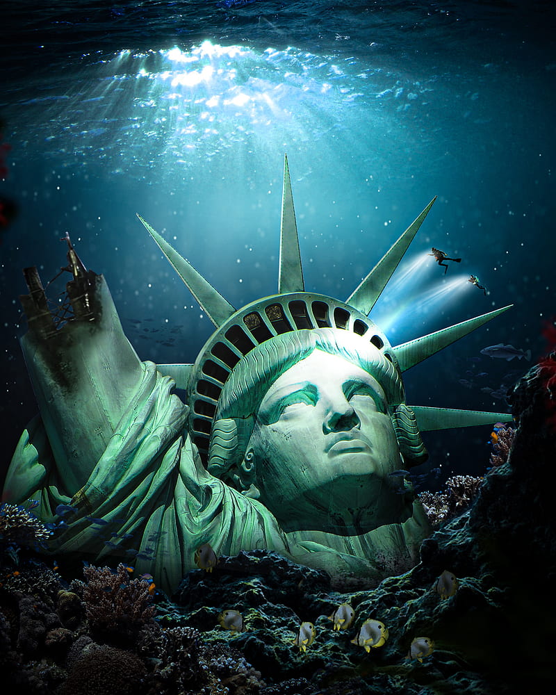 Fallen Liberty, Alex, abandoned, destroyed, ocean, sea, statue of liberty, underwater, HD phone wallpaper