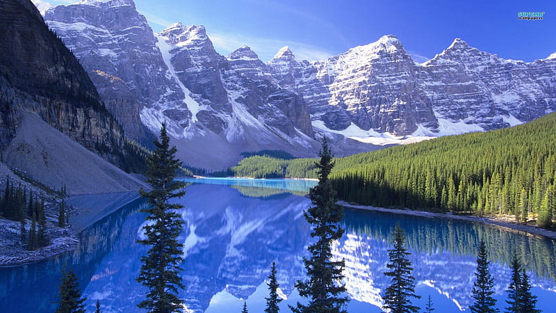 moraine lake banff np canada, mountain, forest, reflection, lake, HD wallpaper