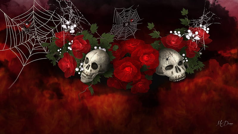 GothicRoses and Spiders, goth, webs, skulls, gothic, dark, spiders, Halloween, roses, HD wallpaper