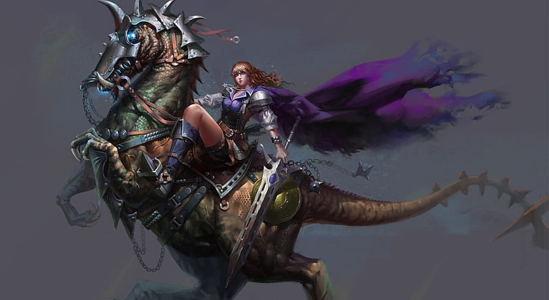 Warrior girl, luminos, game, horse, armor, fantasy, warrior, girl, purple, gris, sword, HD wallpaper