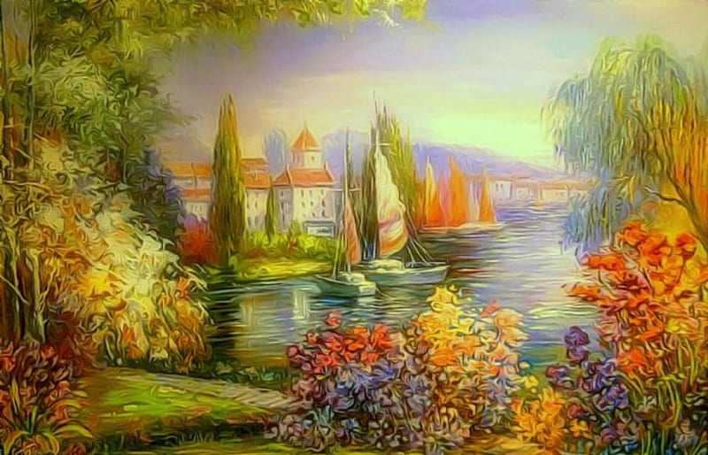 ★Scenic View★, lakes, gardening, romantic, love four seasons, attractions in dreams, creative pre-made, most ed, trees, seasons, paintings, landscapes, summer, flowers, nature, sailboats, HD wallpaper