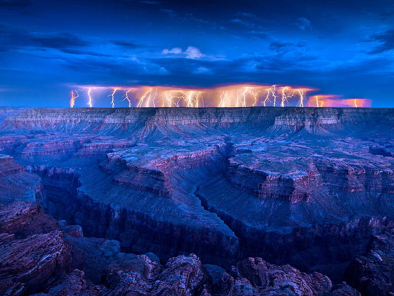 Wild Electrical Storm, Grand Canyon, monsoon, National Park, yellow, bonito, sky, clouds, storm, lightning, slot canyon, rain, blue, HD wallpaper