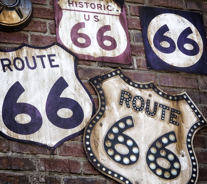Route 66, background, gamous, signs, usa, wall, HD wallpaper