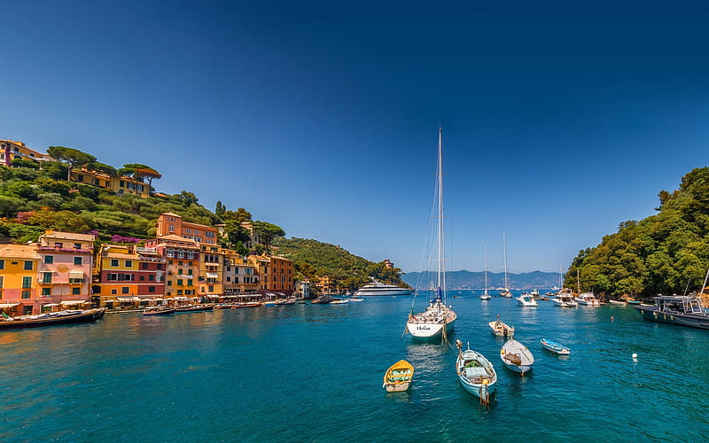 Portofino, summer, sea, mountains, yachts, boats, seascape, Mediterranean Sea, Liguria, Ligurian Sea, Italy, HD wallpaper