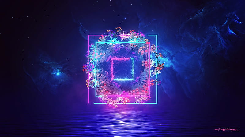 nebula, neon light, flowers, squares, Abstract, HD wallpaper