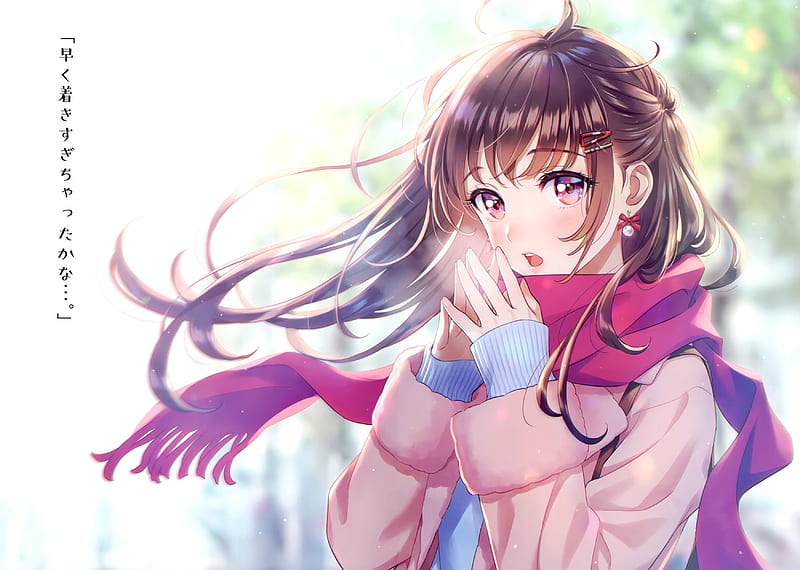 pretty anime girl, red scarf, winter, cold, brown hair, earring, coat, Anime, HD wallpaper
