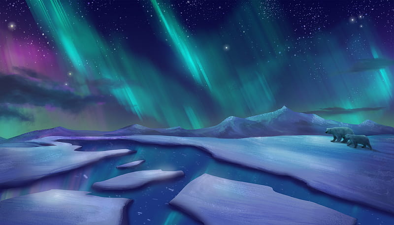 aurora borealis, northern lights, polar bears, artwork, Landscape, HD wallpaper