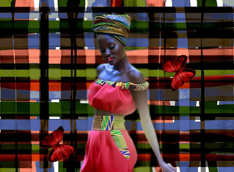 Beautiful African Woman, red, artistic, pretty, stunning, african woman, african, breathtaking, woman, women, green, feminine, blue, female, lovely, black, butterflies, creative, girl, turban, african background, HD wallpaper