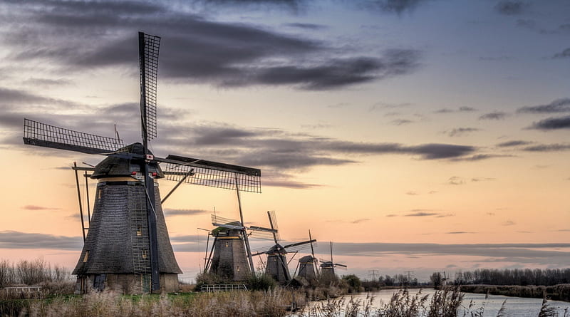 gorgeous windmills along a channel in kinderdijk holland, windmills, grass, canal, twilight, clouds, HD wallpaper
