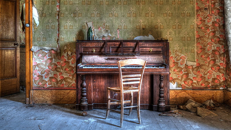 Music, Piano, Abandoned, Chair, Room, HD wallpaper