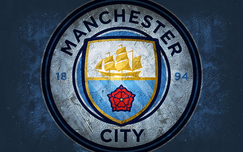 Manchester City FC, English football club, blue stone background, Manchester City FC logo, grunge art, Premier League, football, England, Manchester City FC emblem, HD wallpaper