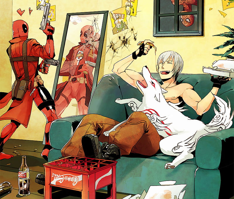 The Bros of Red, red, marvel vs capcom, bottle, video game, shirtless, crossover, capcom, devil may cry, guns, pizza, okami, poster, upside down, dante, spider man, full length coat, bullet holes, deadpool, coca cola, amaterasu, wolf, HD wallpaper