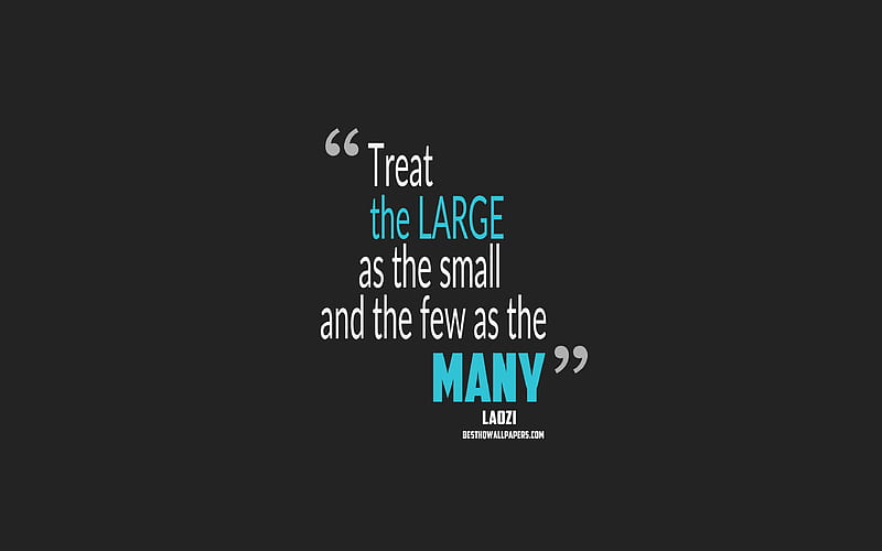 Treat the large as the small and the few as the many, Lao Tzu quotes quotes about life, motivation, gray background, popular quotes, HD wallpaper