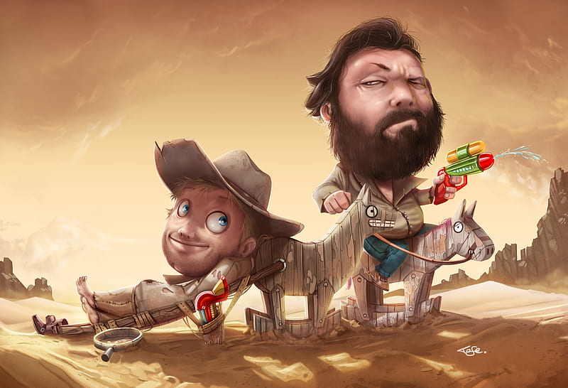 Bud Spencer and Terence Hill, art, man, bud spencer terence hill tribute, horse, illustration, fantasy, gun, davide tosello, funny, cowboy, couple, wood, HD wallpaper