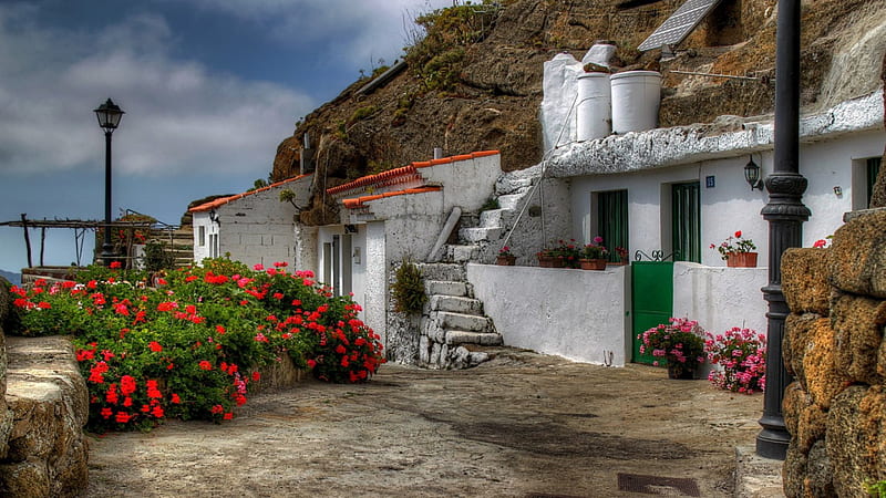 lovely home in san cristobal de la laguna in the canary islands r, house, stone, flowers, cliff, r, whitewash, HD wallpaper