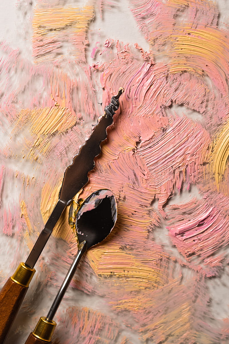 Stainless Steel Spoon on Pink and Blue Abstract Painting, HD phone wallpaper