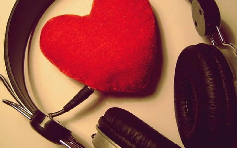 Headphones, music, heart, red heart, HD wallpaper