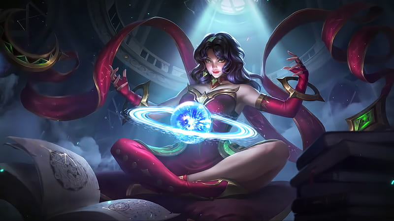 Esmeralda, red, fantasy, girl, luminos, game, mobile legends, blue, HD wallpaper