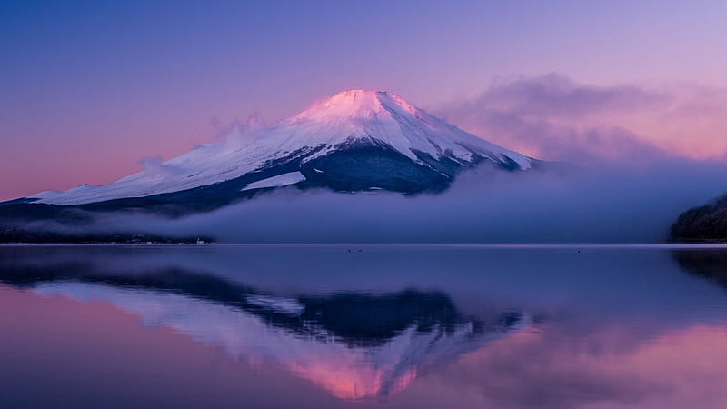 mystical mt. fuji on honshu island japan, mountain, purple, island, clouds, volcano, sea, HD wallpaper