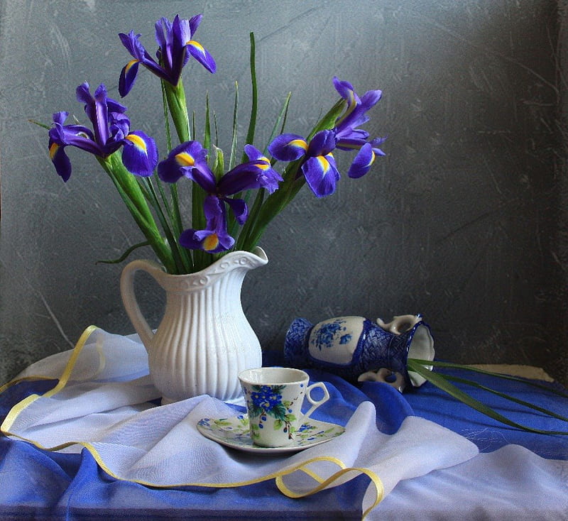 Irises and cup of tea, still life, sup, flowers, irises, tea, HD wallpaper
