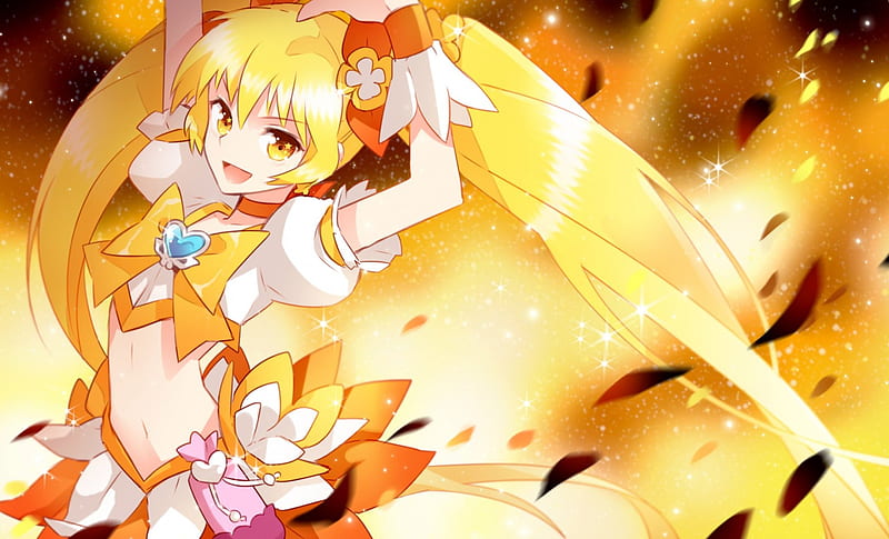 Cure SunShine, blond, sparks, shine, yellow, magic, magical girl, blossom, fantasy, pretty cure, twin tail, anime, bright, anime girl, long hair, female, twintail, glowing, myoudouin itsuki, blonde, blonde hair, twintails, twin tails, blond hair, cute, girl, precure, shining, flower, HD wallpaper