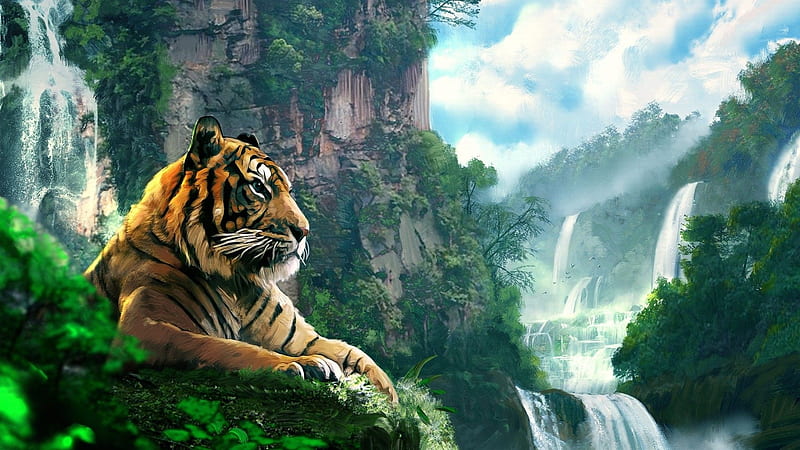 Fantasy Tiger, Stein, Tiger, Wasserfall, Deutschland, HD wallpaper