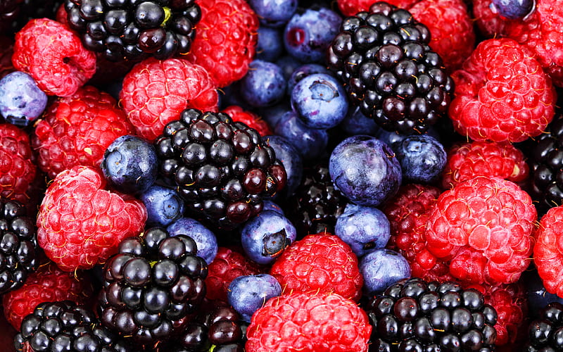 raspberries, blackberries, blueberries, macro, berries, food textures, fresh fruits, fresh berries, HD wallpaper