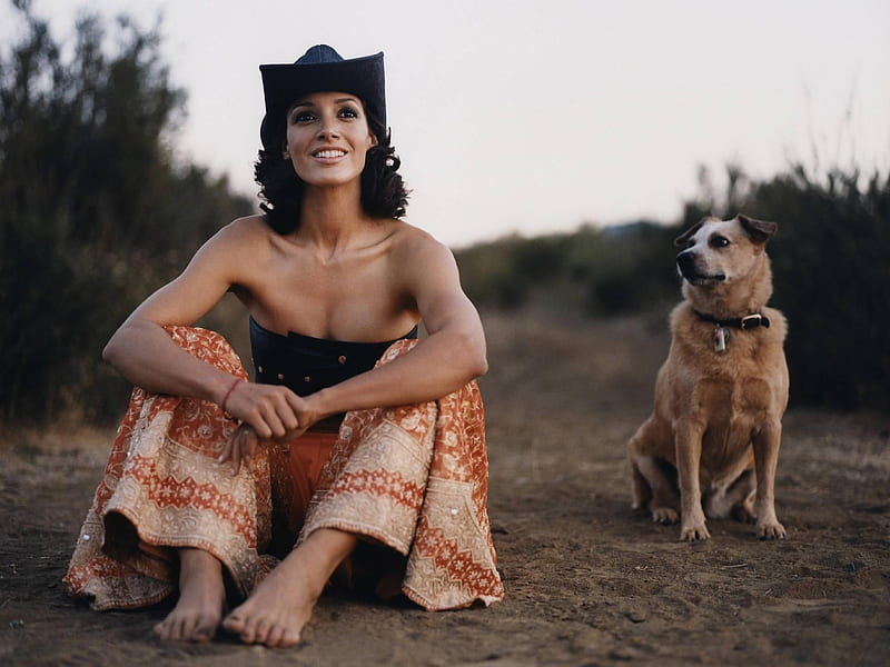 Jennifer Beals, cowgirl, caine, woman, hat, animal, girl, actress, dog, HD wallpaper