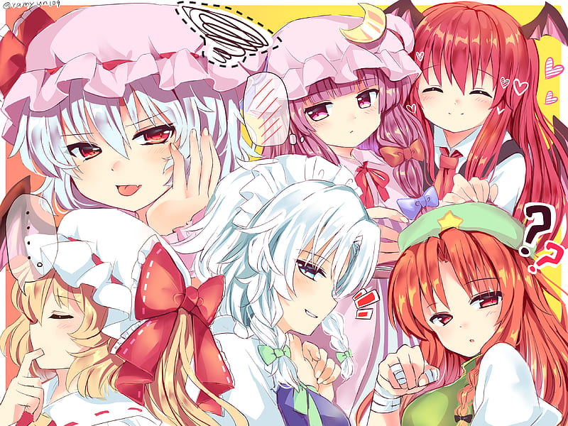 Anime, Touhou, Flandre Scarlet, Hong Meiling, Koakuma (Touhou), Patchouli Knowledge, Remilia Scarlet, Sakuya Izayoi, HD wallpaper