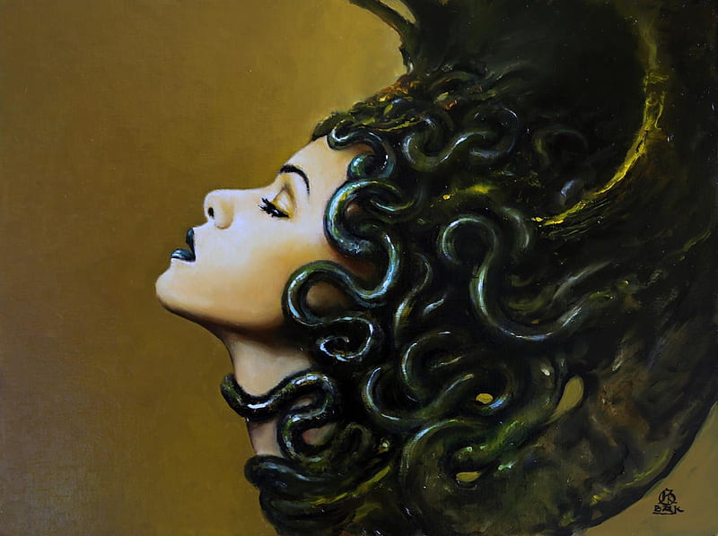 Medusa by Karol Bak, girl, medusa, painting, face, pictura, art, karol bak, luminos, black, fantasy, snake, HD wallpaper