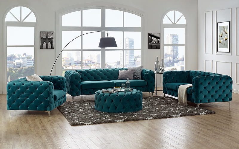 modern design living room, blue sofas with buttons, modern interior, living room, classic style, HD wallpaper
