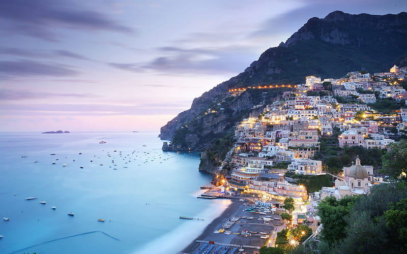 Positano, Salerno, evening, Mediterranean sea, coast, Italy, beautiful italian city, seascape, mountain landscape, HD wallpaper