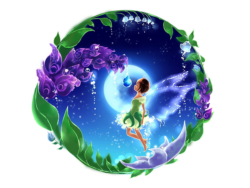 Fairy, wings, moon, fantasy, moon, girl, green, purple, flower, campanula, blue, night, HD wallpaper