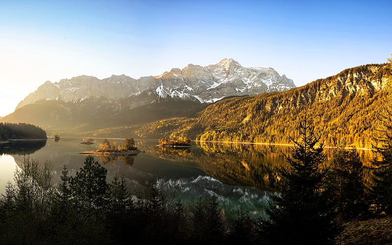 Lake Eibsee spring, mountains, sunset, beautiful nature, Eibsee, Bavaria, Germany, Europe, HD wallpaper