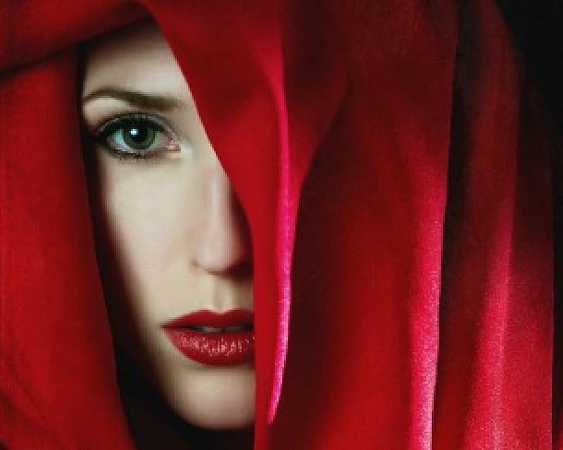 Mysterious Beauty, red, face, woman, veil, HD wallpaper