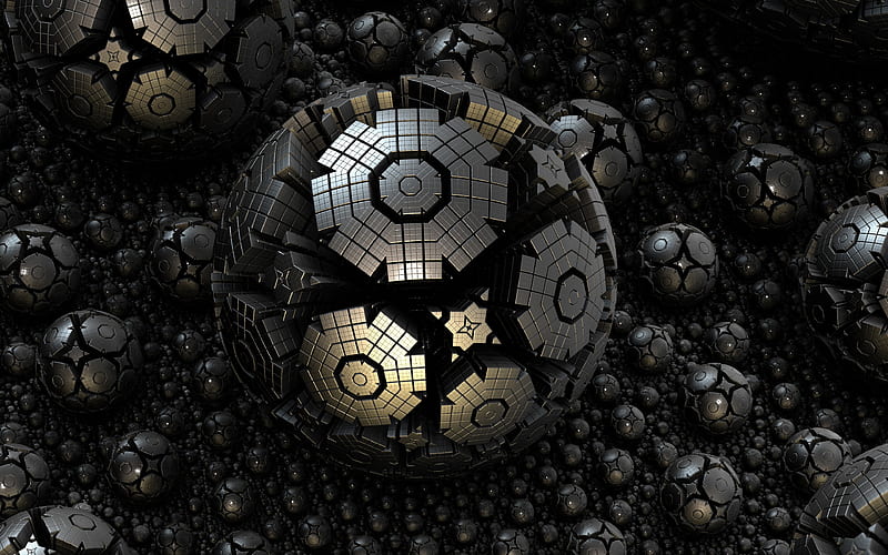 gray spheres fractals, artwork, 3D art, creative, fractal art, gray backgrounds, 3D balls, 3D spheres, HD wallpaper