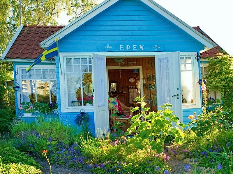 Swedish Cottage for My Dear Friend Lena (Applebloom), cottage, friendship, summer, garden, sky, sweden, blue, HD wallpaper