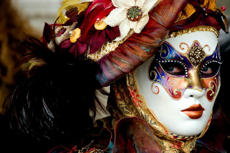 Mask, red, golden, yellow, venice, masquerade, carnival, girl, flower, white, blue, HD wallpaper