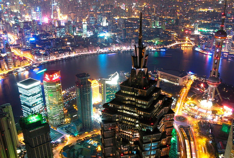 Inside The Dragon, Shanghai, water, city lights, China, cityscape, buildings, chanel, night, skyscrapers, HD wallpaper